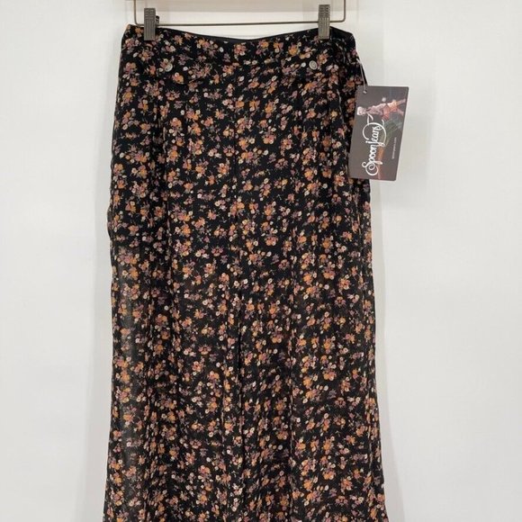 Spoon Jeans Women's Floral Wide Leg Pants Black orange side zip size XL NWOT - Picture 2 of 5